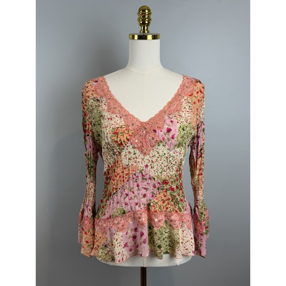 Allison Taylor Y2K Pink Babydoll Top Womens Size Large Patchwork Long Sleeve